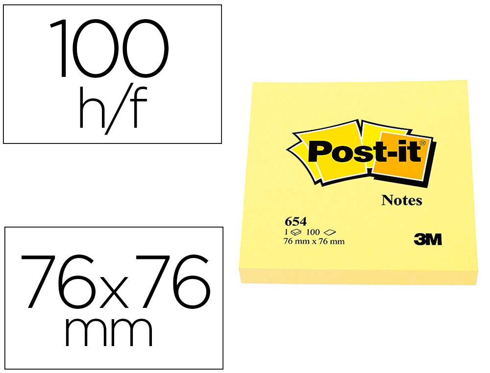 BLOC-NOTES POST-IT 654 76X76MM 100F/BLOC REPOSITIONNABLES COLORIS JAUNE    7100290160