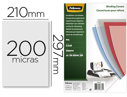 COUVERTURE FELLOWES PVC TRANSPARENT GRAMMAGE PRESTIGE 20/100E FORMAT A4 PAQUET 100 UNITS