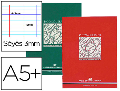 CAHIER D'CRITURE PIQU CONQURANT CLASSIQUE COUVERTURE VERNIE CARTE COUCHE A5+ 17X22CM 32 PAGES 90G SYS 3MM