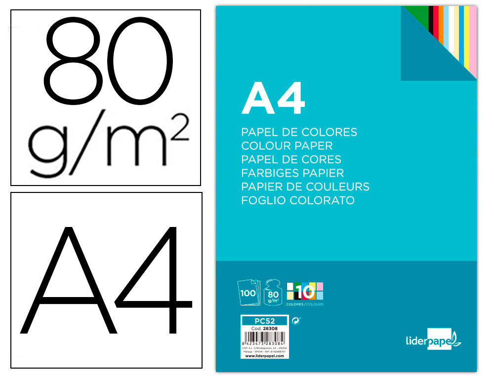 PAPIER COULEUR LIDERPAPEL MULTIFONCTION A4 80G/M2 10 COLORIS ASSORTIS PAQUET 100 FEUILLES