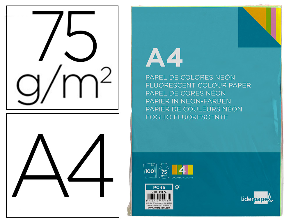 PAPIER COULEUR NON LIDERPAPEL MULTIFONCTION A4 75G 4 COLORIS ASSORTIS NONS JAUNE ORANGE ROSE VERT 100F