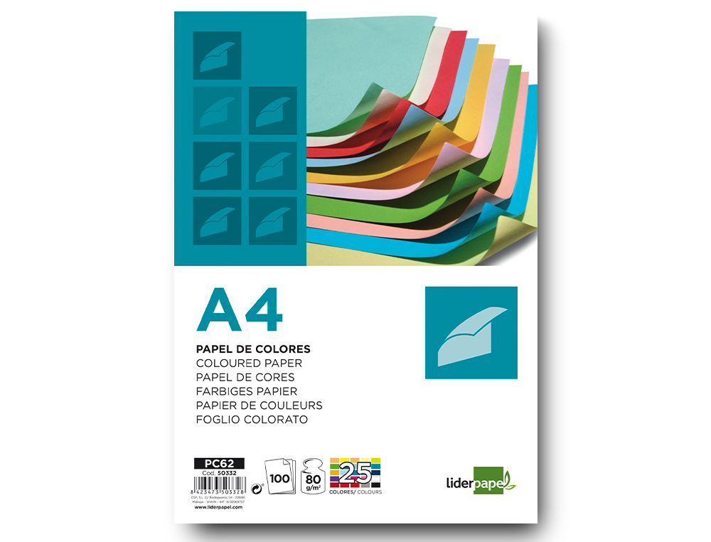 PAPIER COULEUR LIDERPAPEL MULTIFONCTION A4 80G/M2 ASSORTIMENT 25 COULEURS PAQUET 100 FEUILLES