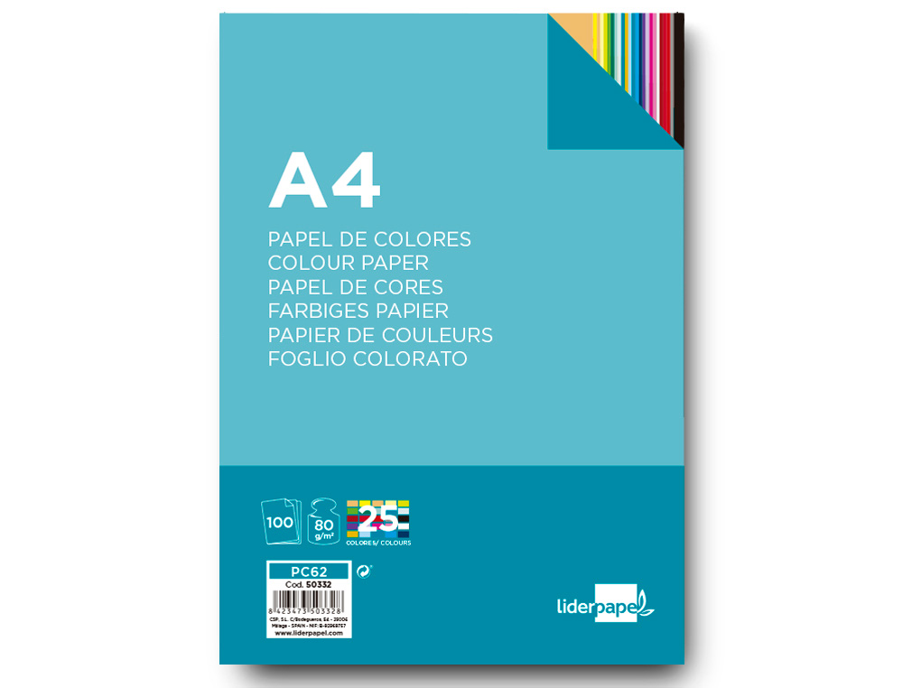 PAPIER COULEUR LIDERPAPEL MULTIFONCTION A4 80G/M2 ASSORTIMENT 25 COULEURS PAQUET 100 FEUILLES