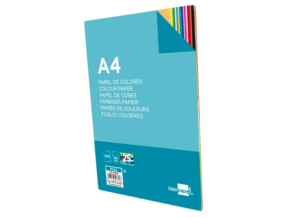 PAPIER COULEUR LIDERPAPEL MULTIFONCTION A4 80G/M2 ASSORTIMENT 25 COULEURS PAQUET 100 FEUILLES