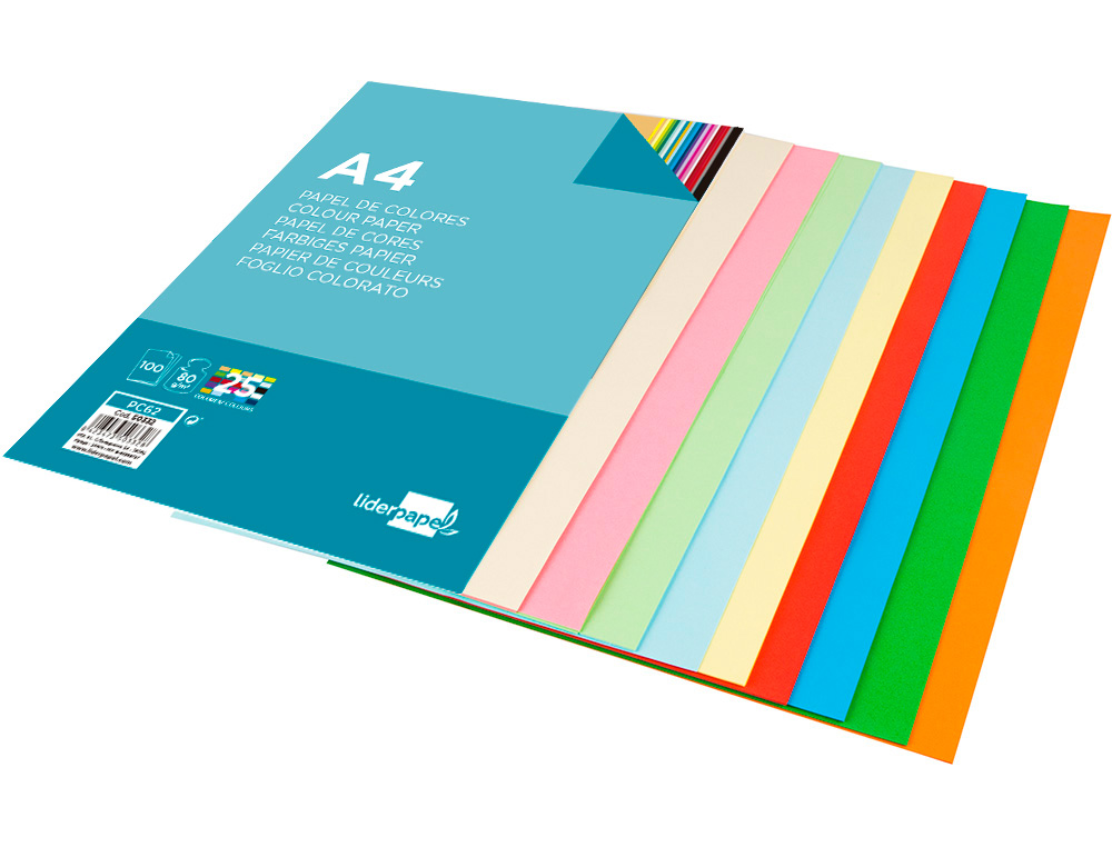 PAPIER COULEUR LIDERPAPEL MULTIFONCTION A4 80G/M2 ASSORTIMENT 25 COULEURS PAQUET 100 FEUILLES