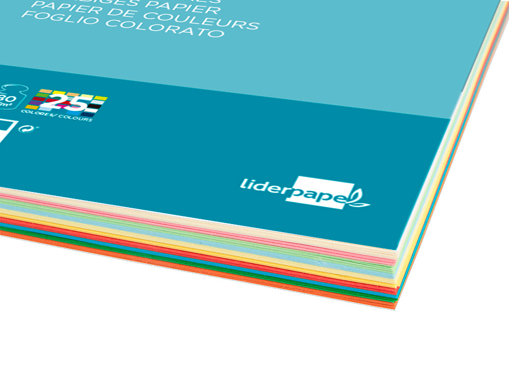 PAPIER COULEUR LIDERPAPEL MULTIFONCTION A4 80G/M2 ASSORTIMENT 25 COULEURS PAQUET 100 FEUILLES