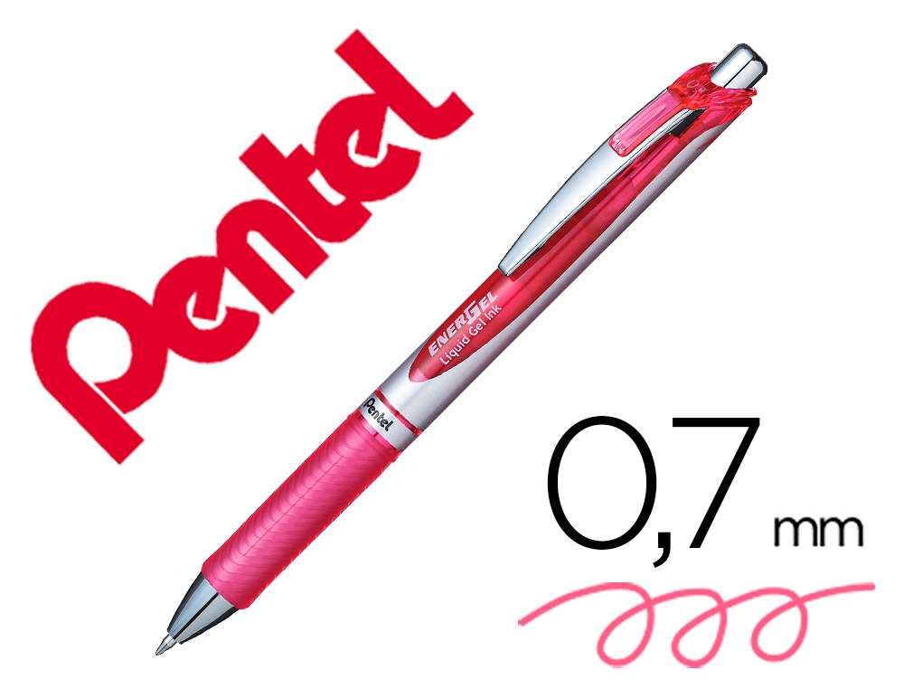 ROLLER PENTEL ENERGEL RETRACTABLE RECHARGEABLE      POINTE METAL FINE 0,7MM CLIP  METAL COLORIS ROSE