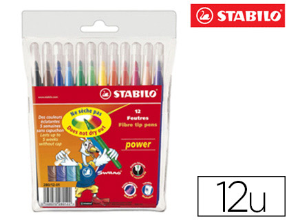 FEUTRE COLORIAGE STABILO POWER CAPUCHON VENTIL ENCRE LAVABLE POINTE MOYENNE NE SCHE PAS POCHETTE 12 UNITS