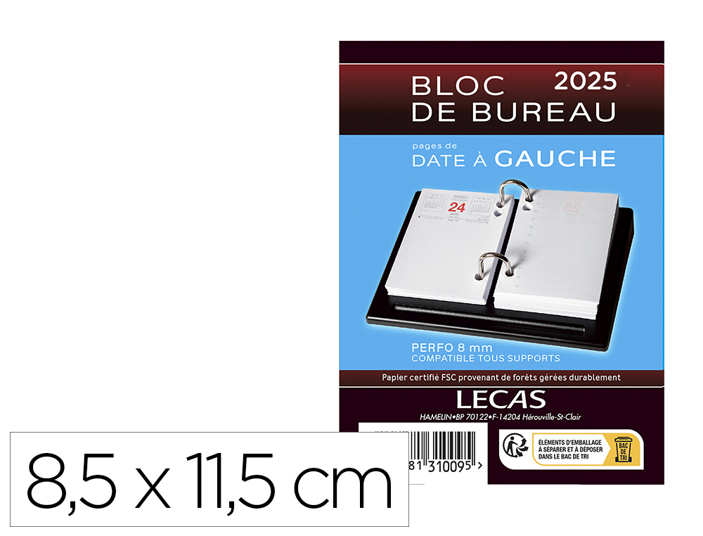 CALENDRIER LECAS BLOC DATE A GAUCHE 2025 1JOUR/PAGE        8,5X11,5CM